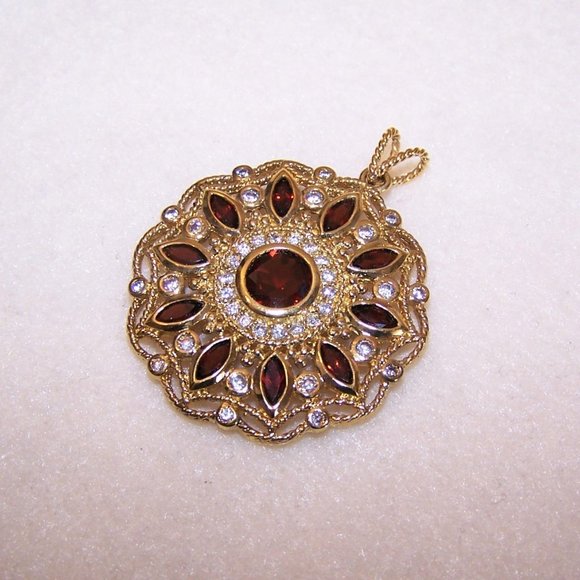 Sterling Silver Vermeil Red / Clear Cubic Zirconia CZ Round Pendant - Picture 6 of 9